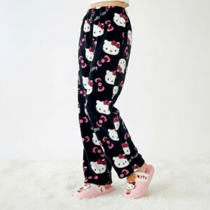Black Hello Kitty Pajama Pants fleece for unisex