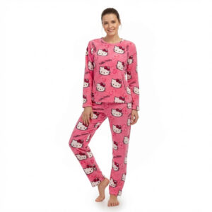 Woman wearing candy pink Womens Hello Kitty Pyjamas with all-over white Kitty face and bow print