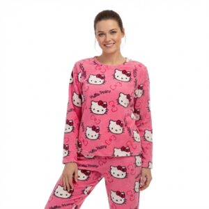 Close-up of candy pink Hello Kitty pyjama top showing fleece texture and white Kitty print detail